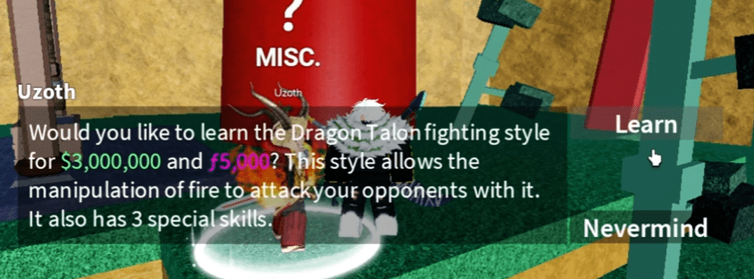 The purchase confirmation screen for Dragon Talon, showing the cost of $3,000,000 and 5,000 Fragments