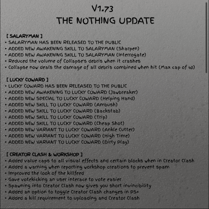Text overlay showing patch notes for version 1.73