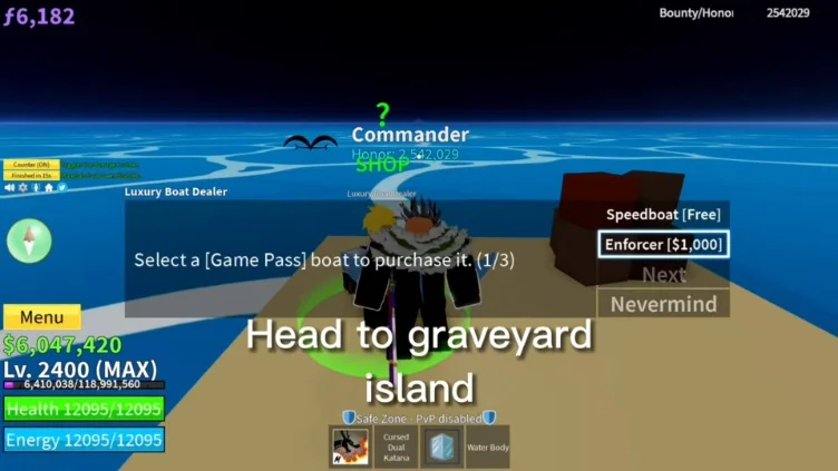 A character in Blox Fruits opening the luxury boat dealer menu to select a boat.