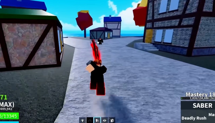 The player swinging the Saber sword.