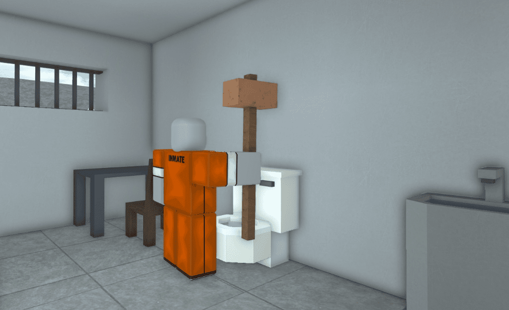 breaking the toilet with the hammer