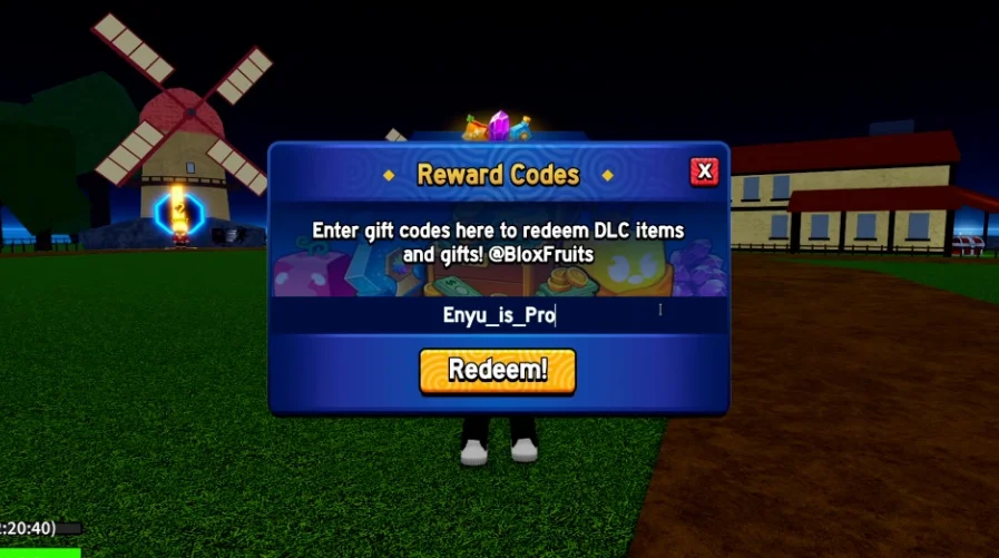 Entering Enyu_is_Pro code in Blox Fruits.