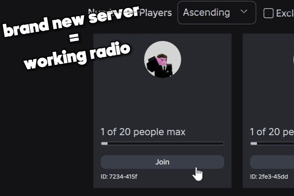 Roblox menu showing server list with text 'brand new server = working radio'