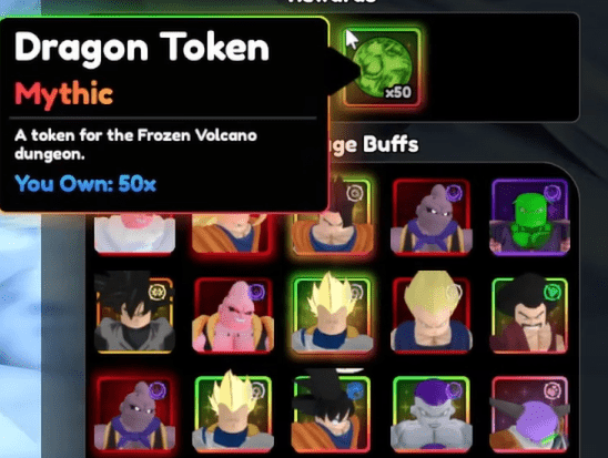 The Frozen Volcano Dungeon reward screen showing Dragon Tokens and item drops