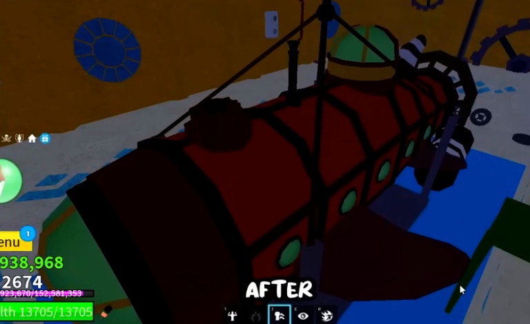 The character stands on top of a red submarine in the water, preparing for travel.