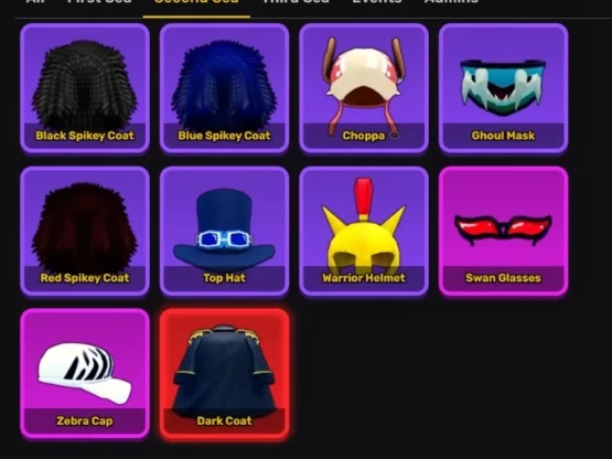 Second Sea accessories menu list.