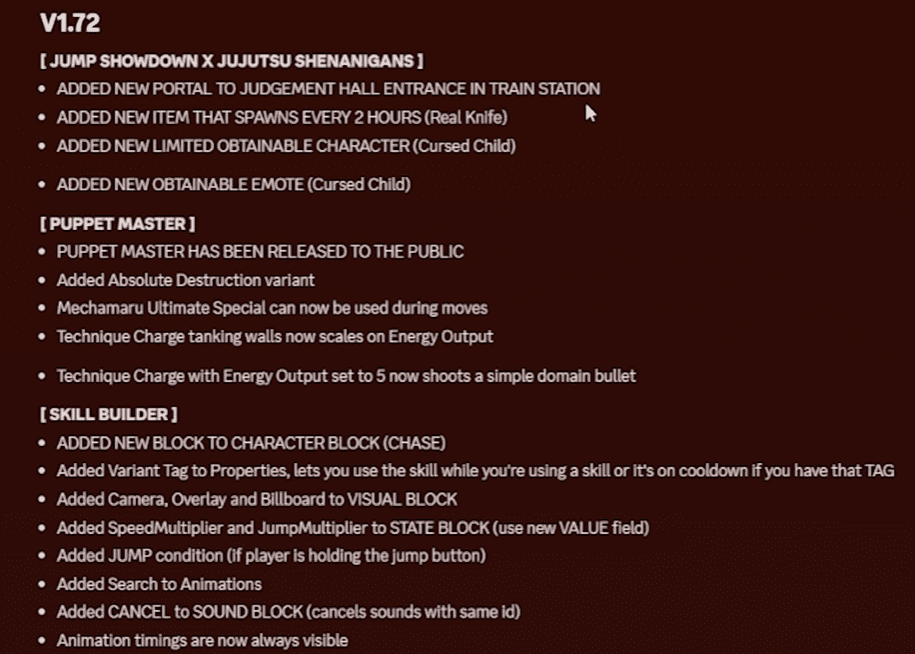 Update 1.72 log for Jujutsu Shenanigans showing new features.