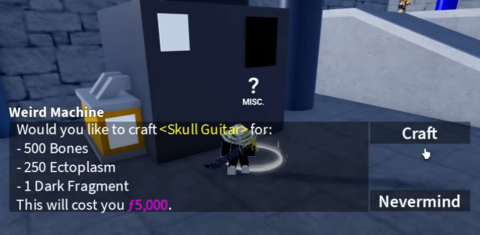 Dialogue box from the 'Weird Machine' offering to craft the Skull Guitar for specific resources.