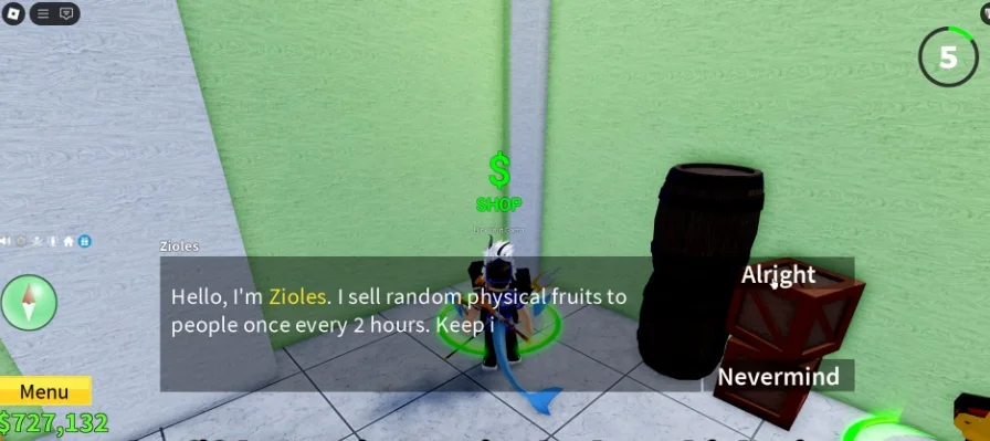 Player character in dialogue with the Cousin dealer NPC.