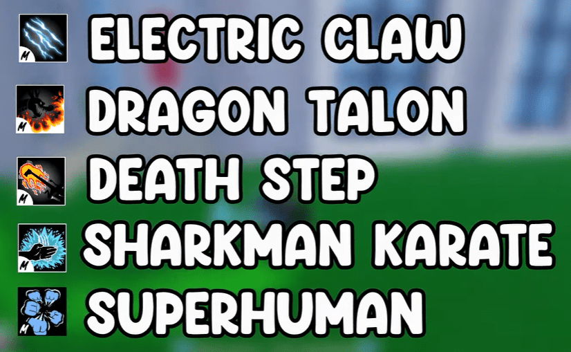 List of fighting styles required for Godhuman: Electric Claw, Dragon Talon, Death Step, Sharkman Karate, Superhuman.