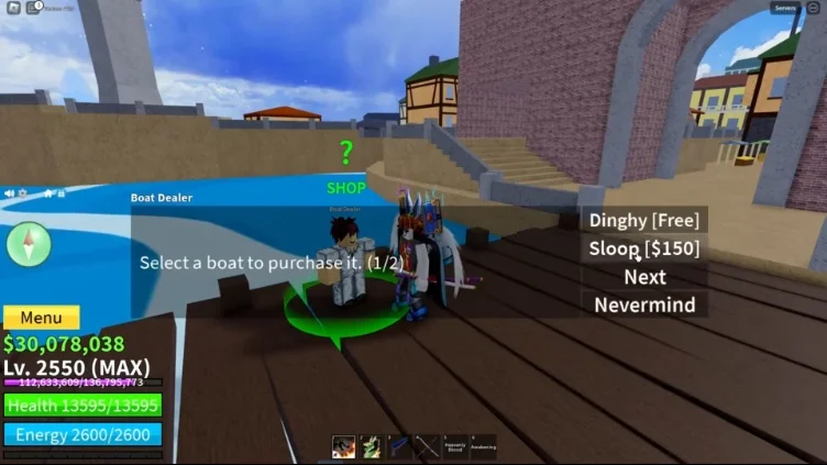 A UI menu listing a free Dinghy and a 150 Beli Sloop.