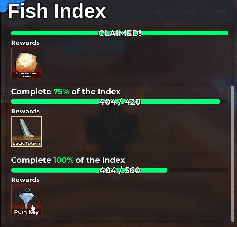 Fisherman Island Index Rewards UI showing completion percentages and items