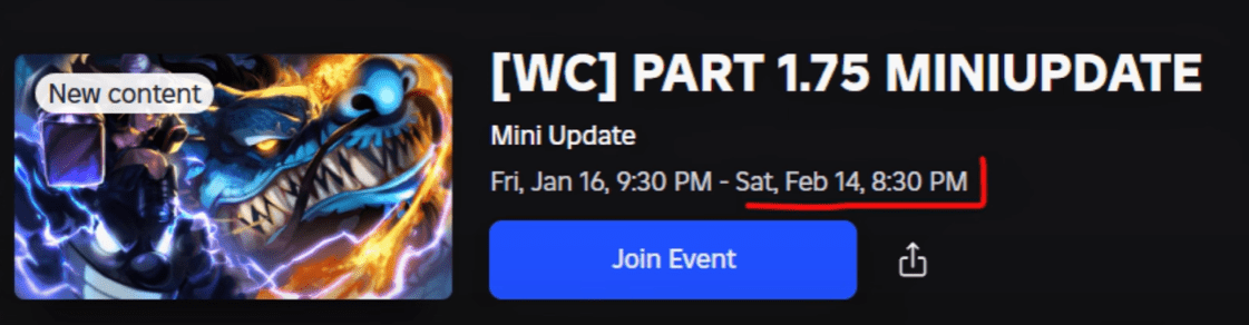 The official Roblox event page banner showing the "Sat, Feb 14" end date