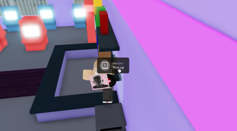 A Roblox character behind a counter picking up a small radio object