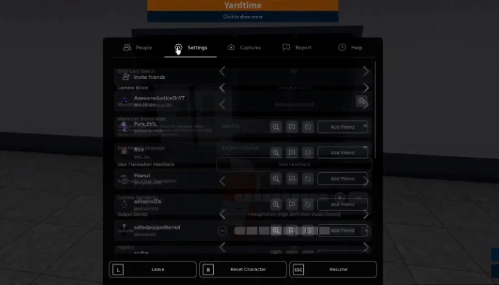 Roblox game settings menu with Shiftlock set to off