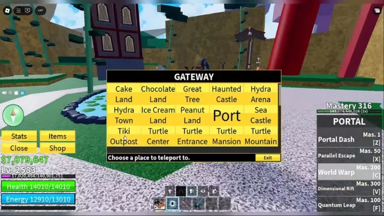 The Gateway interface displaying various locations in Blox Fruits.