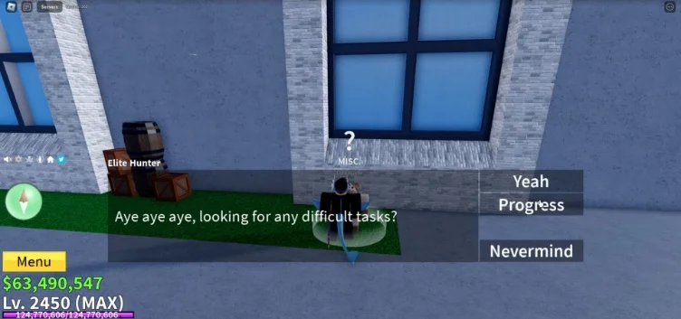 The player character interacting with the Elite Hunter NPC.