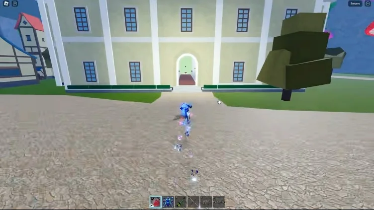 The player character standing in front of the large Mansion building