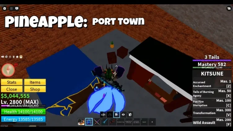 A pineapple rests on a crate inside a building structure in Port Town.