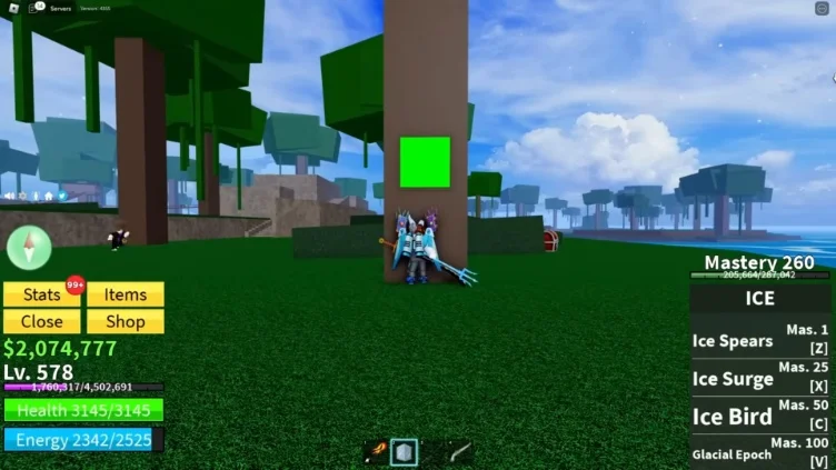 Green button on a tree trunk