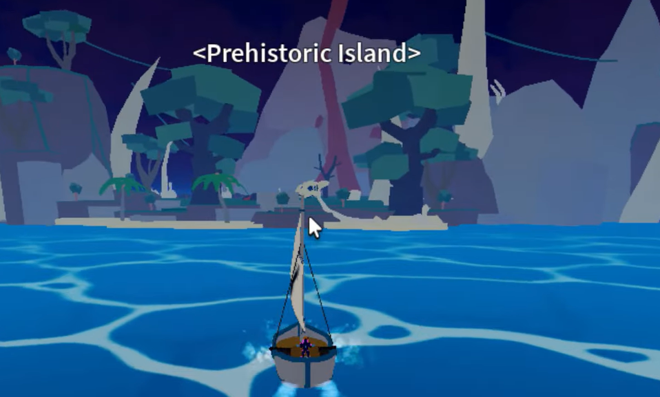 The Prehistoric Island spawning in the ocean, featuring large rib cages and a central volcano