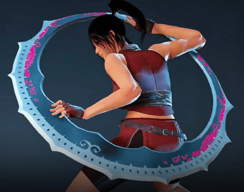 Concept art of a character using a large hoop weapon (Chakram)