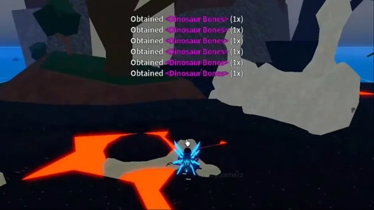 The player collecting multiple Dinosaur Bone items.