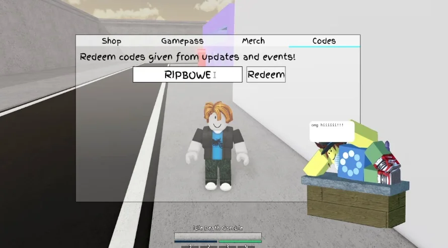 The code 'RIPBOWE' being typed into the shop menu code field in Jujutsu Shenanigans.